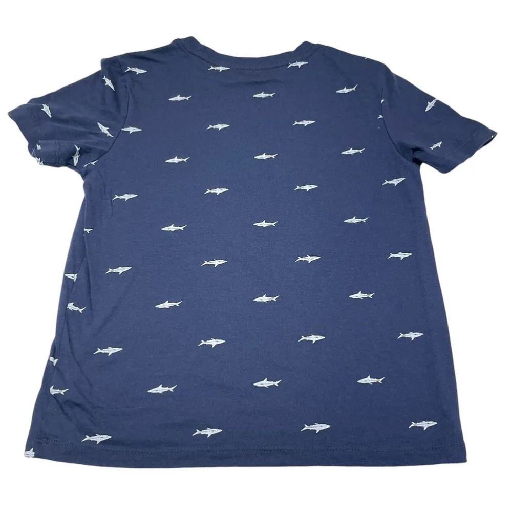 Old Navy Boys White Shark Print Blue Pullover Short Sleeve TShirt Size M (8) EUC